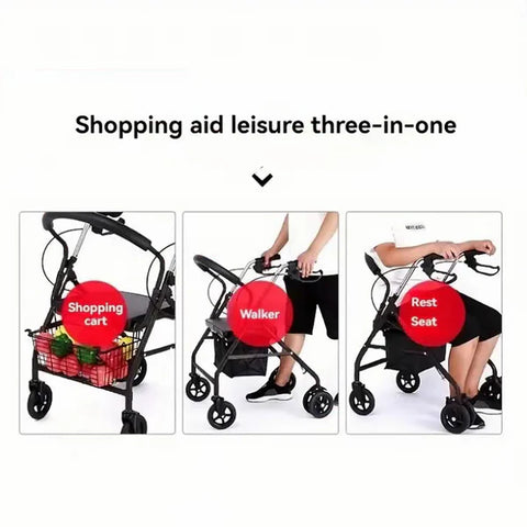 KKF, Foldable 3-in-1 Walker with Seat & Shopping Basket, Height Adjustable Rollator with Dual Handbrake & Reinforced Frame