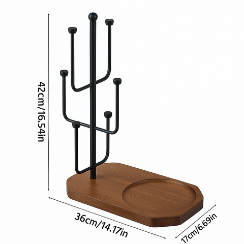 KKF, Vertical Glass Drying Stand with Wooden Tray Base, 42cm Freestanding Metal Drinkware Organizer