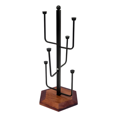 KKF, Vertical Glass Holder Stand with Wooden Base, 42cm Freestanding Metal Countertop Glass Organizer