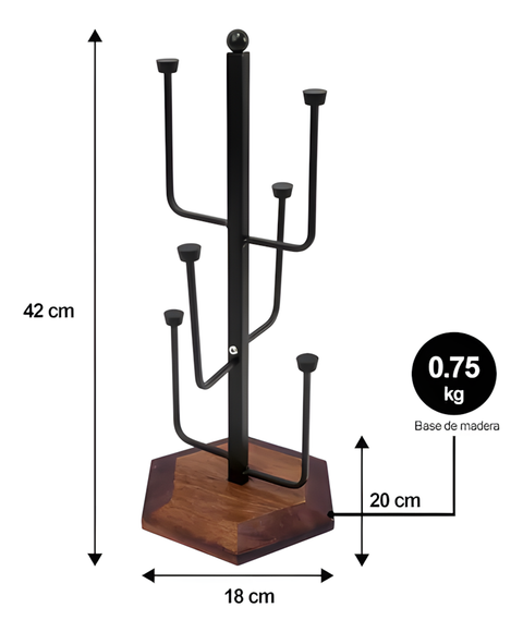 KKF, Vertical Glass Holder Stand with Wooden Base, 42cm Freestanding Metal Countertop Glass Organizer
