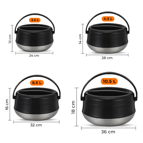 Lotus Mist Stainless Steel 4-Piece Black Insulated Hot Pot Set (2.5L, 4.5L, 6.5L, 10.5L)