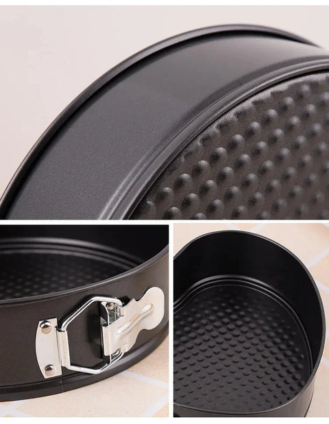 3-Piece Carbon Steel Springform Cake Mould Set with Removable Bases & Quick-Release Buckles – Round, Square & Heart Shape