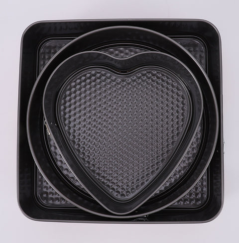 3-Piece Carbon Steel Springform Cake Mould Set with Removable Bases & Quick-Release Buckles – Round, Square & Heart Shape
