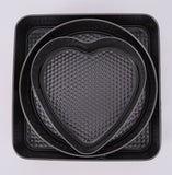 3-Piece Carbon Steel Springform Cake Mould Set with Removable Bases & Quick-Release Buckles – Round, Square & Heart Shape