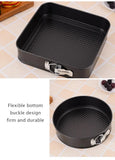 3-Piece Carbon Steel Springform Cake Mould Set with Removable Bases & Quick-Release Buckles – Round, Square & Heart Shape