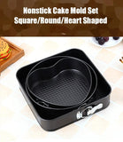 3-Piece Carbon Steel Springform Cake Mould Set with Removable Bases & Quick-Release Buckles – Round, Square & Heart Shape