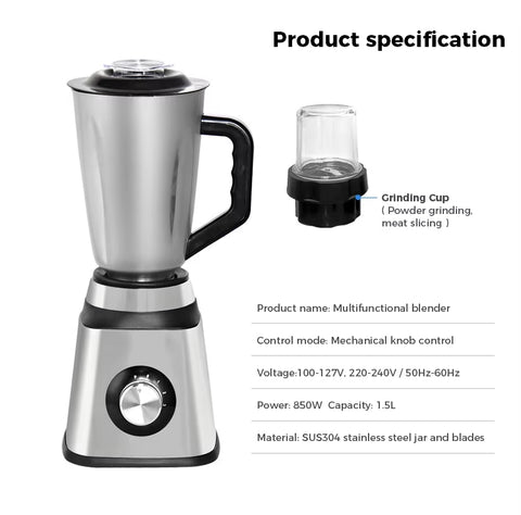 PURE 2-in-1 Stainless Steel Blender with Grinder Attachment – 1 L, 400 W