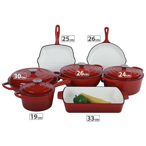 OSFE 11 PCS Enameled Cast Iron Cookware Set (24, 26, 30, 19cm) Pots, (33, 26,25 cm) Pans