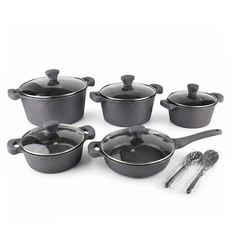 OSFE 12 PCS Aluminum Nonstick Granite Cookware Set (32, 28, 24, 20 cm Pots, 28 cm Pan with 2 Pcs of Utensil Tools) - Grey