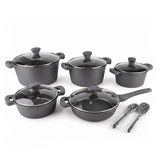 OSFE 12 PCS Aluminum Nonstick Granite Cookware Set (32, 28, 24, 20 cm Pots, 28 cm Pan with 2 Pcs of Utensil Tools) - Grey