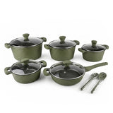 OSFE 12 PCS Aluminum Nonstick Granite Cookware Set (32, 28, 24, 20 cm Pots, 28 cm Pan with 2 Pcs of Utensil Tools) - Green