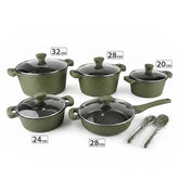 OSFE 12 PCS Aluminum Nonstick Granite Cookware Set (32, 28, 24, 20 cm Pots, 28 cm Pan with 2 Pcs of Utensil Tools) - Green