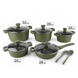 OSFE 12 PCS Aluminum Nonstick Granite Cookware Set (32, 28, 24, 20 cm Pots, 28 cm Pan with 2 Pcs of Utensil Tools) - Green
