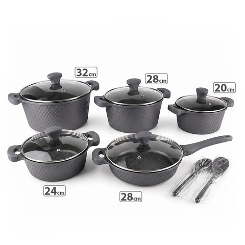 OSFE 12 PCS Aluminum Nonstick Granite Cookware Set (32, 28, 24, 20 cm Pots, 28 cm Pan with 2 Pcs of Utensil Tools) - Grey