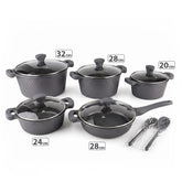 OSFE 12 PCS Aluminum Nonstick Granite Cookware Set (32, 28, 24, 20 cm Pots, 28 cm Pan with 2 Pcs of Utensil Tools) - Grey