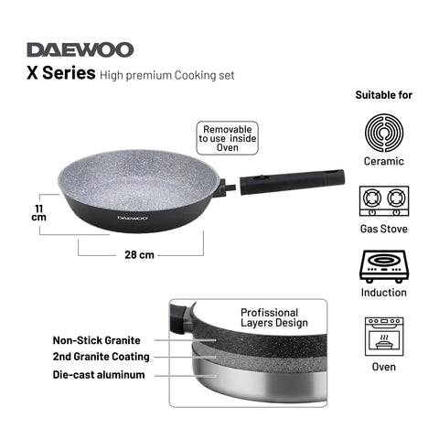 Daewoo X Series Non-Stick Granite Coating Cookware Set Of 11 pcs (32,28,24 cm Pot, 28 cm Pan, 28 cm Casserole), 2 Pcs of Utensil Tools - Black