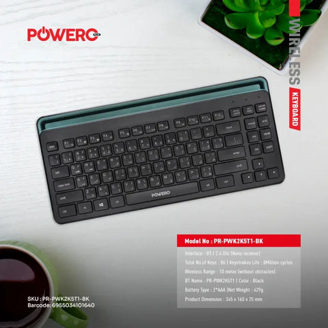 لوحة المفاتيح اللاسلكية المريحة Powero Plus بوضعين للتوصيل مع حامل للهاتف واللوحي - أسود