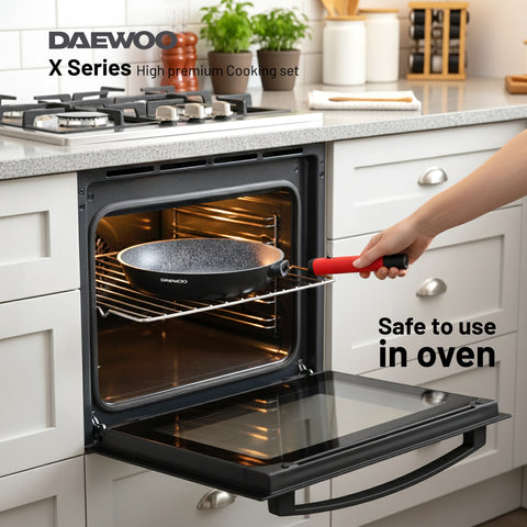 Daewoo X Series 11 Piece Granite Cooking Set (32,28,24 cm Pot, 28 cm Pan, 28 cm Casserole), 2 Pcs of Utensil Tools - Black/Red
