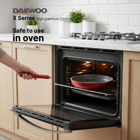 Daewoo TS Series Granite Cooking Set of 9 Pcs (32,28,24 cm Pot, 28 cm Pan, 28 cm Casserole) with 4 Pcs Silicone Pot Handle - Red