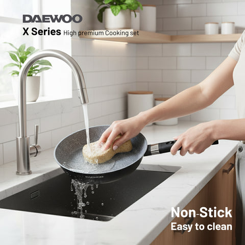 Daewoo X Series Non-Stick Granite Coating Cookware Set Of 11 pcs (32,28,24 cm Pot, 28 cm Pan, 28 cm Casserole), 2 Pcs of Utensil Tools - Black