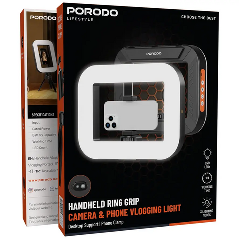 Porodo Lifestyle Handheld Ring Grip Camera & phone vlogging light with Desktop support & Phone clamp-Black