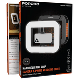 Porodo Lifestyle Handheld Ring Grip Camera & phone vlogging light with Desktop support & Phone clamp-Black