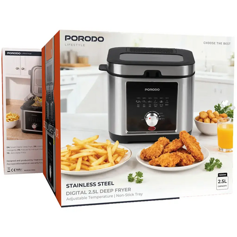 Porodo Lifestyle Stainless Steel 2.5L Deep Fryer with Adjustable Temperature & Non-Stick Tray -Silver