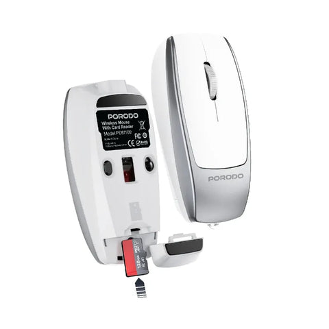 Porodo 1600DPI Wireless Mouse with Card Reader, Bluetooth 5.1 & Type-C Charging - Silver
