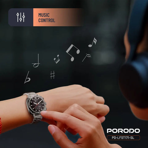 Porodo Chrono Steel Smart Watch with AMOLED Display, Bluetooth Calling & IP68 - Silver