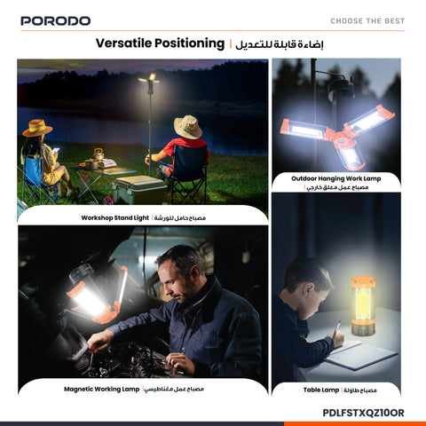 Porodo Lifestyle 9000mAh Work Lantern Foldable Multi-Mode LED Light with Tripod Base & Hook - Orange