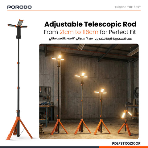 Porodo Lifestyle 9000mAh Work Lantern Foldable Multi-Mode LED Light with Tripod Base & Hook - Orange