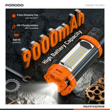 Porodo Lifestyle 9000mAh Work Lantern Foldable Multi-Mode LED Light with Tripod Base & Hook - Orange