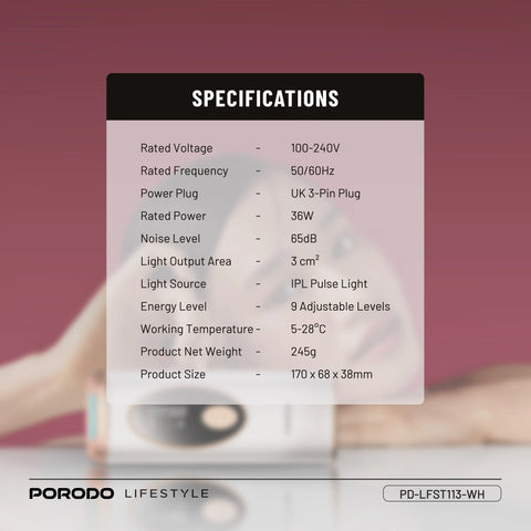 Porodo Lifestyle IPL Hair Removal Device with 9 Energy Levels & Cooling Technology - White