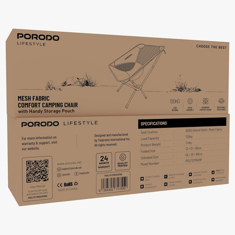 Porodo Lifestyle Mesh Fabric Comfort Camping Chair with Handy Storage Pouch - 120KG Max Load