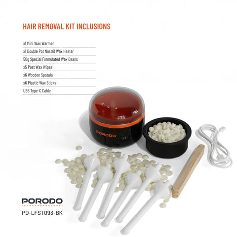 Porodo Lifestyle Wax Warming Hair Removal Kit with Mini Warmer, Quick Melt & Type-C Charging
