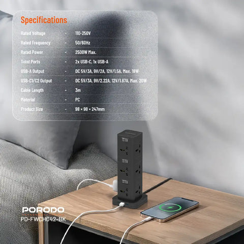 Porodo, Three-Story 12AC Power Hub With USB-C PD & Quick Charge 3.0 - Black