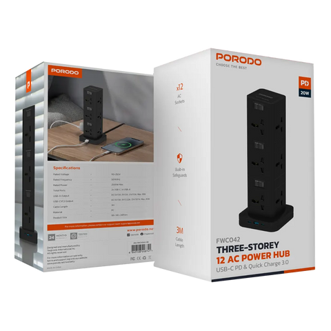 Porodo, Three-Story 12AC Power Hub With USB-C PD & Quick Charge 3.0 - Black