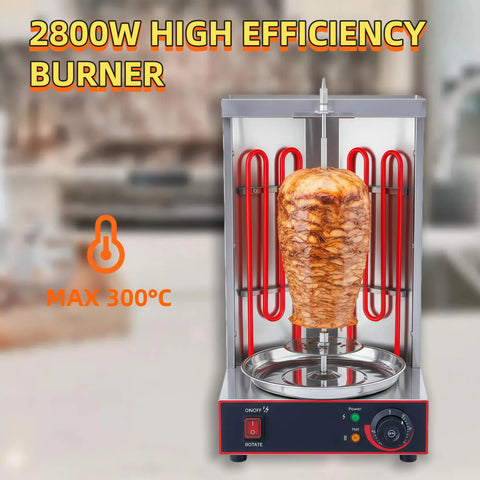 Professional Electric Vertical Shawarma & Doner Kebab Rotisserie Grill Machine with 360° Rotation & Adjustable Temperature - 2800W