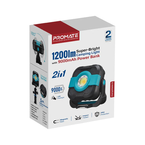 Promate, CampMate-3 1200lm Camping Light with 9000mAh Power Bank, SOS & Dual Light Modes