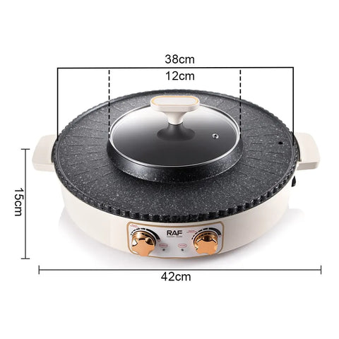 RAF 2-in-1 Electric BBQ Grill & Hot Pot with 38CM Non-Stick Cooking Plate, 2L Capacity & Dual Temperature Control - 1600W (R.5477)