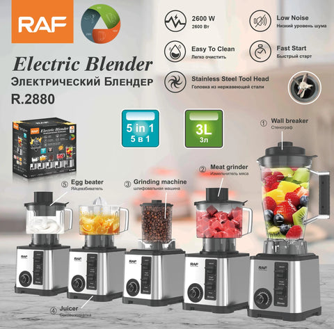 RAF 5-in-1 Multipurpose Electric Blender, Grinder, Juicer & Beater with 3L Capacity & Stainless Steel Blades - 2600W