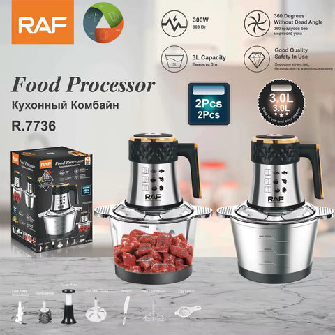 RAF Food Processor with 3L Glass & Stainless Steel Bowls, 360° Sharp Blades & Easy Cleaning - 300W