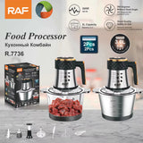 RAF Food Processor with 3L Glass & Stainless Steel Bowls, 360° Sharp Blades & Easy Cleaning - 300W