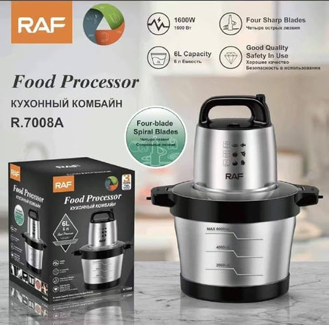 RAF Stainless Steel Food Processor & Chopper 6L with Quad Blade System for Blending & Grinding - 1600W