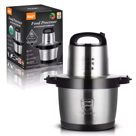 RAF Stainless Steel Food Processor & Chopper 6L with Quad Blade System for Blending & Grinding - 1600W