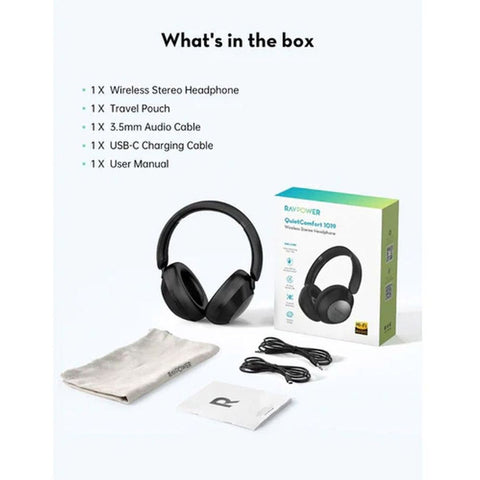 RavPower BH1019 Quiet Comfort Wireless Over Ear Headphones Black