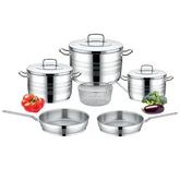 Saflon Stainless Steel Premium Cookware Set 9 Pieces Pots 20+24 +28 cm + Frypan 20+24 cm + Stainless Steel Basket 22 cm
