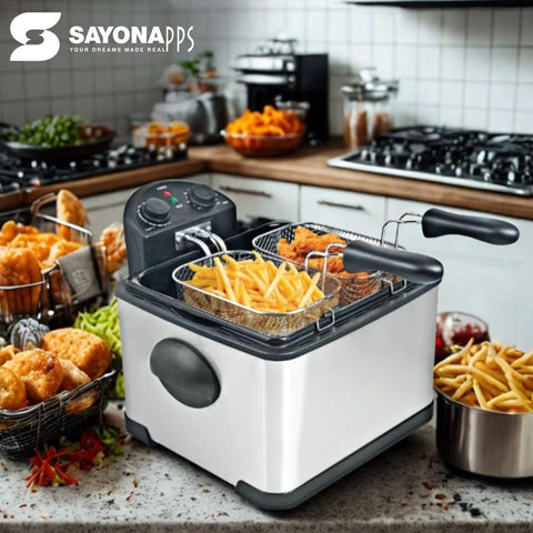 SAYONA 4L Stainless Steel Deep Fryer with Adjustable Thermostat, Timer & Dual Basket System - 2000W
