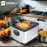SAYONA 4L Stainless Steel Deep Fryer with Adjustable Thermostat, Timer & Dual Basket System - 2000W