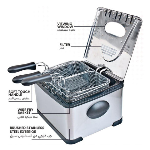 SAYONA 4L Stainless Steel Deep Fryer with Adjustable Thermostat, Timer & Dual Basket System - 2000W